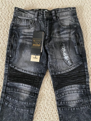 NWT Boy's LR Scoop PUM40 Black Faux Leather Moto Pleat Zip Skinny Jeans SIZE 4-7 - Picture 2 of 12