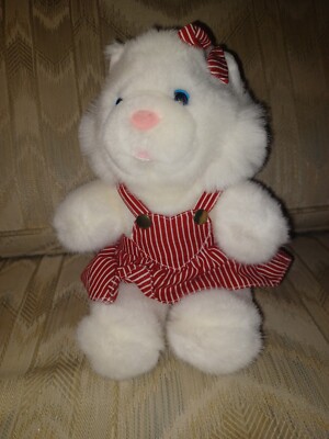 Commonwealth 1992 Cat Kitty Plush White Red Striped Dress Bow Hearts Vintage VTG