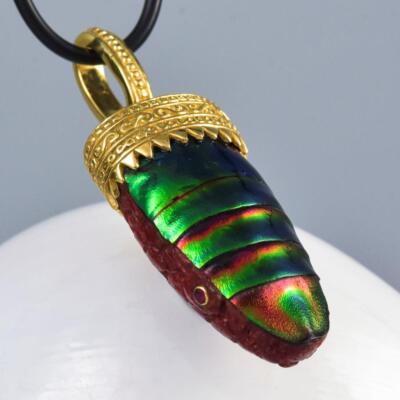 Jewel Beetle Snake Head Pendant, Red Sponge Coral, Gold Vermeil Sterling 11.51g