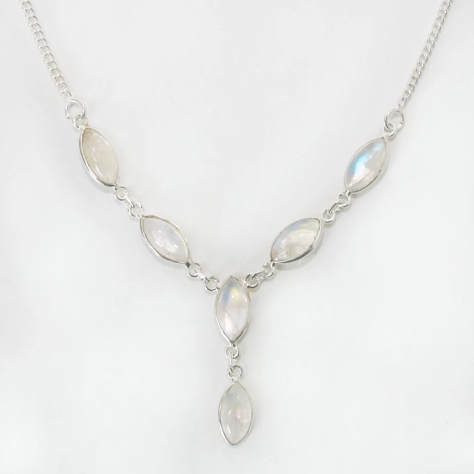 Pietra di Luna Argento Collana 925 Collier 40cm Cabochon Preziose Bianco Blu - Immagine 3 di 4