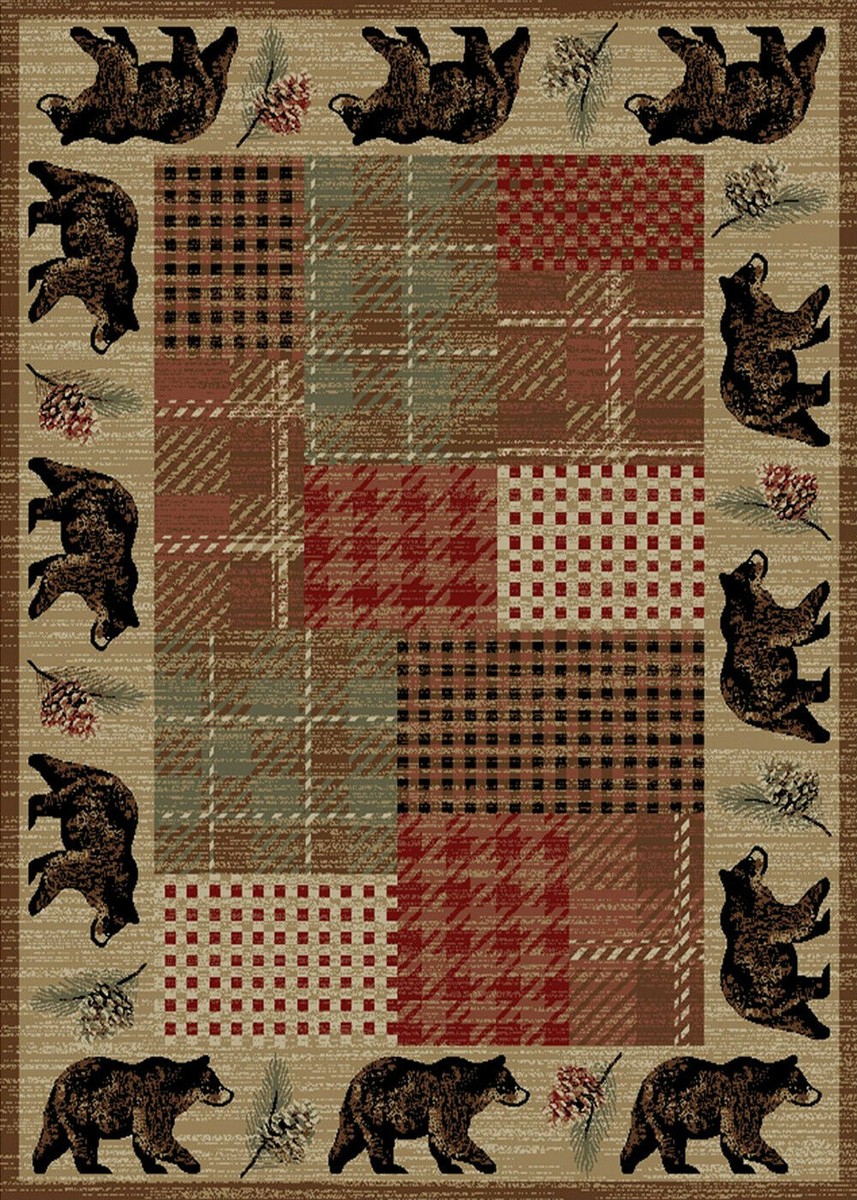 Lodge Cabin Area Rug – 8x10 Feet, Bear & Deer & Pinecone Theme, Multi-Color, Polypropylene, Machine Made
