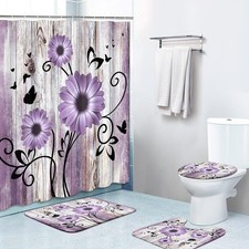 4 Piece Shower Curtain Sets, Purple Daisies Flowers Worn Wood with Non-Slip R
