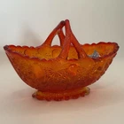 Fenton Glass Orange Amberina Daisy & Button Split Twig Handle Oval Basket