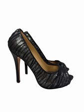Badgley Mischka Star Black Mesh Silver Sequin Peep Toe Stiletto Pumps Size 5.5