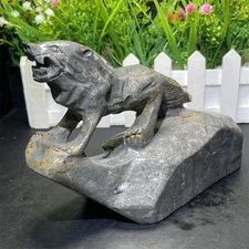 2.8LB 5.9" Natural Picasso Jasper Wolf Carving Crystal Decor Reiki Healing Gift