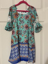 My Michelle Girls Teal Floral Boho Dress Lace Sleeve Border Print Size 7
