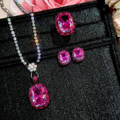3pc Set Sparkle Radiant Cut Rose Red Garnet Gemstone Charm Women Necklace Rings