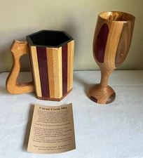 Multi Wood Handcrafted Drinking Mug Tankard & Wine Glass Goblet, Coyote Creek