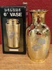 Japanese Gold & Silver Tone Porcelain Etched Peacock Design Vase - Made In Japan