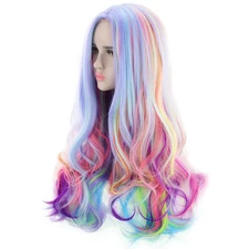 AGPTEK Full Long Curly Wavy Rainbow Hair Wig, Heat Resistant Wig for Music Festi