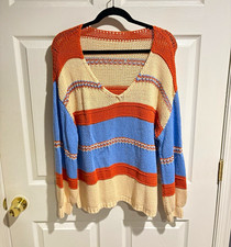 Women s Knit V-Neck Striped Pullover Sweater Long Sleeve L/XL Cream Blue
