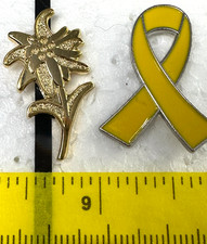 VTG Gold-colored Edelweiss Flower & Yellow Awareness Ribbon Enamel Lapel Pins