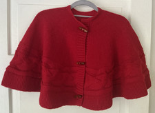 Vintage Hand Knit Cape Toggle Button Front Shawl Poncho Cottagecore Retro Red