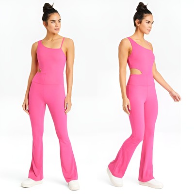 JoyLab Womens Athleisure Cutout Asymmetrical Neck Flare Leg Bodysuit Jumpsuit L