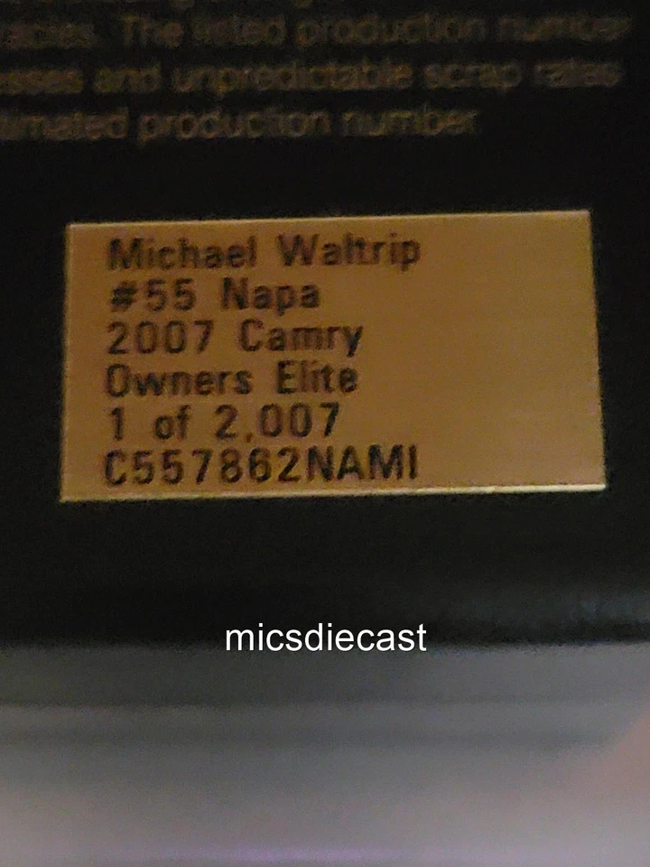 2007 Michael Waltrip #55 NAPA Camry 1:64 RCCA Diecast Elite FREE SHIP MWR - Image 3 of 3