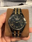 Seiko Watch Men 35mm Black Dial Black & Gold Tone Daydate V733-6C49 New Battery