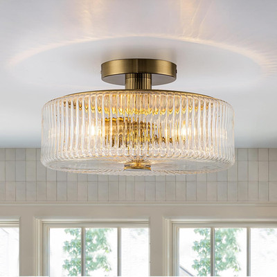 Mid-Century Modern Gold Semi Flush Mount Light with Clear Glass Shades 3-Light