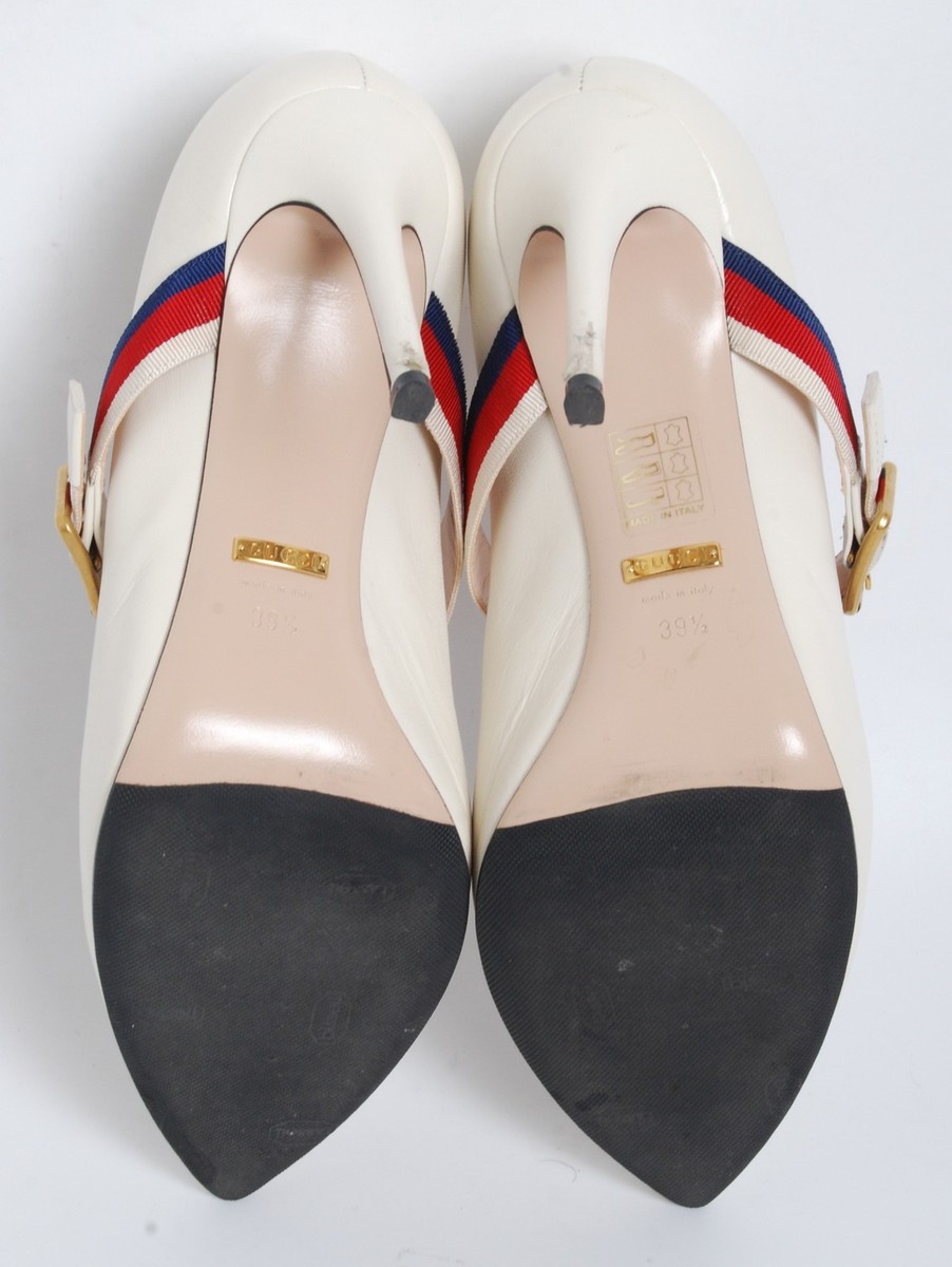 Gucci Women White Pumps Leather Buckle Strap Stiletto High
