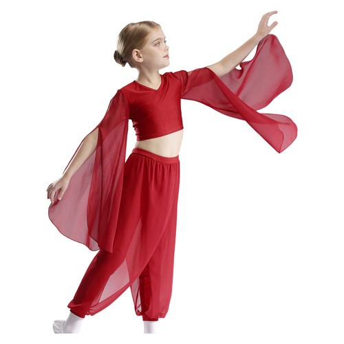 Girls Shirts Dance Crop Tops Arabic Short Blouse Flare Long Sleeve Costume Gym - Picture 13 of 68