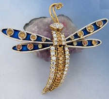 3.5 ctw Diamonds Round Cut Dragonfly Brooch 18kt Yellow Gold Blue Enamel Movable