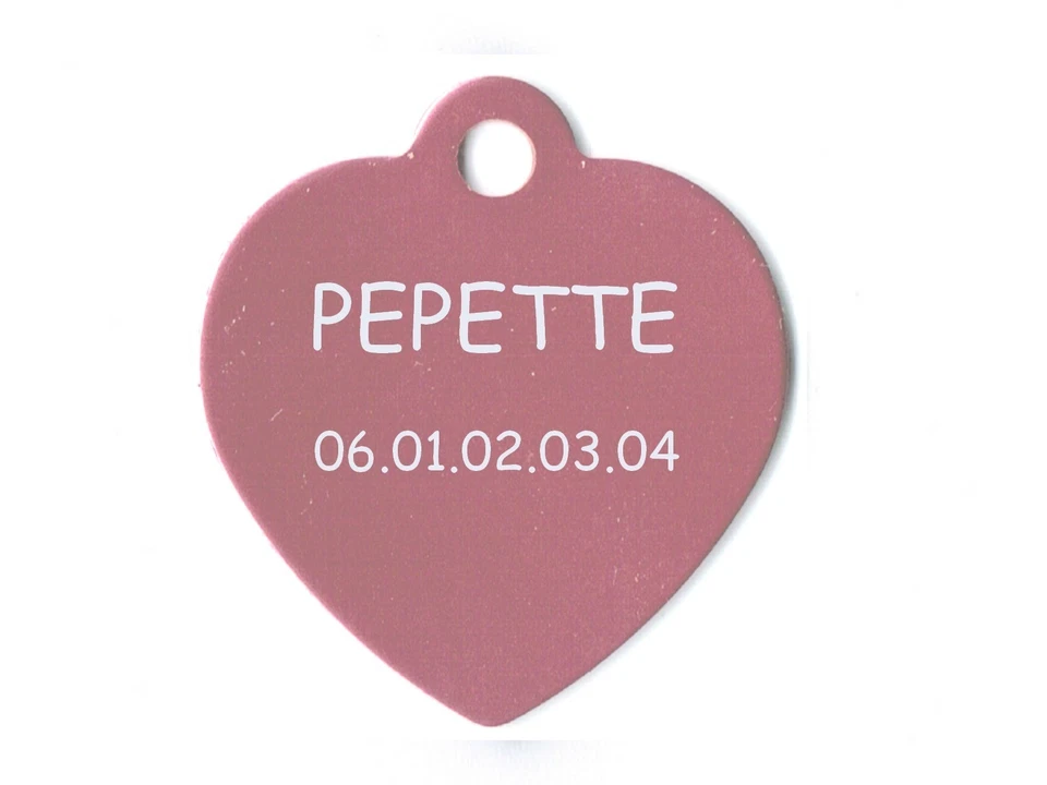 medaille gravee chien ou chat - modele grand coeur - rose - Photo 1/1