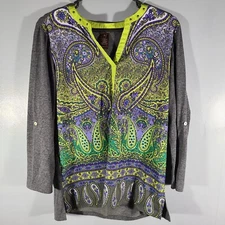 Multiples Paisley Design Top Polyester Sz M Roll Tab Sleeves Round V-neck Studs