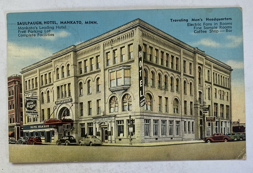 Vintage Postcard c1940 ~ Saulpaugh Hotel Street View ~ Mankato Minnesota MN