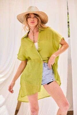 Collar Neck Button Down Robe Oversize Jacket Green