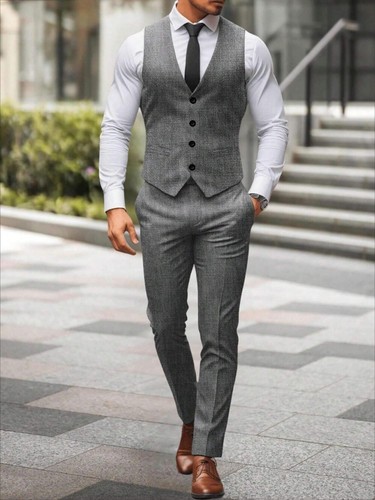 Herren Weste Grau Tweed Anzug Jackett Sakko Formel Hochzeit Business Hochzeit - Picture 7 of 17