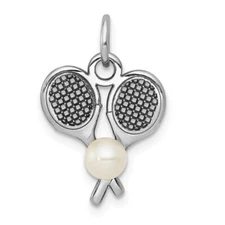 14k White Gold Tennis Racquets W/FWC Pearl Charm Pendant for Women