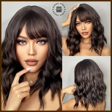 Short Wavy Bob Wigs for Woman Natural Synthetic Hair Wigs with Bangs Cosplay ✅