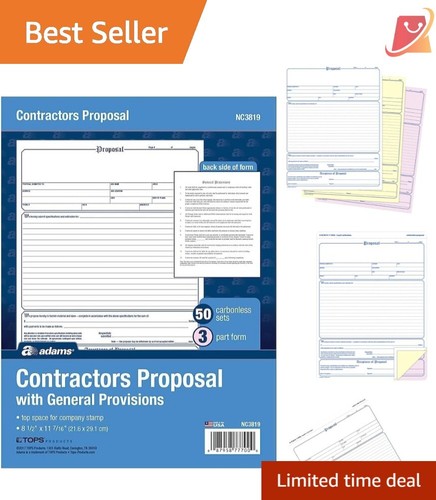 Contractor Proposal Forms, Carbonless, 8.5 x 11 Inch, 50-Pack, 3-Part, Paper