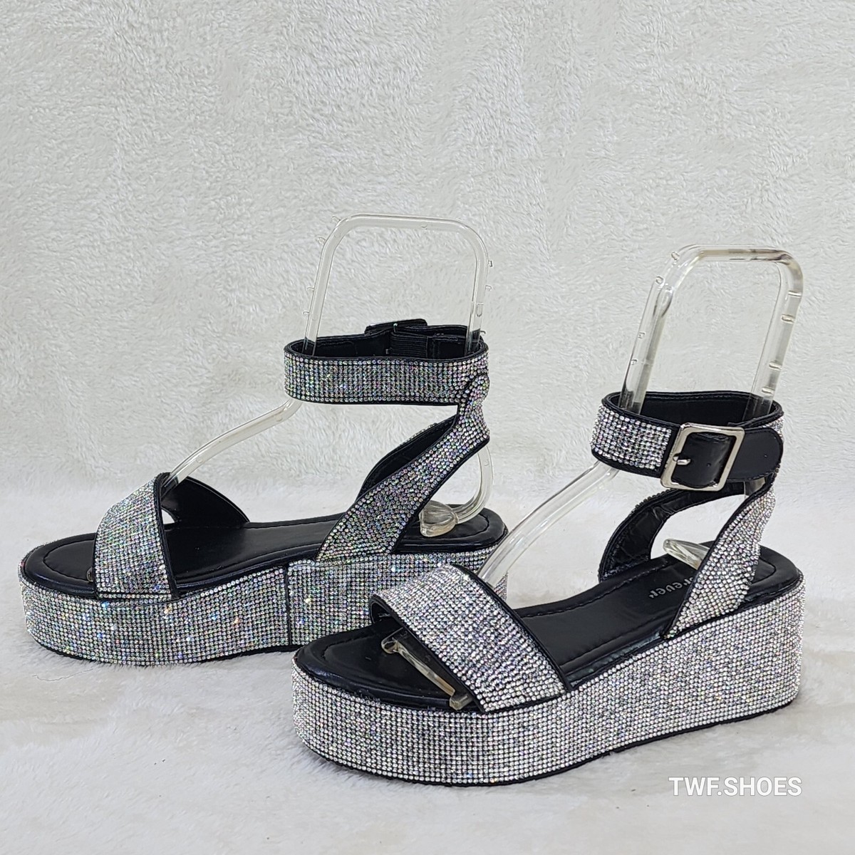 Flashy Black Ankle Strap Sparkling Rhinestone Wedge 2