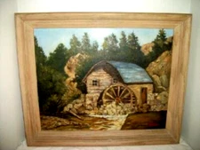 FOLK ART OIL PAINTING MILL HOUSE STREAM LANDSCAPE NAIVE MASONITE CHUNKY OAK VTG