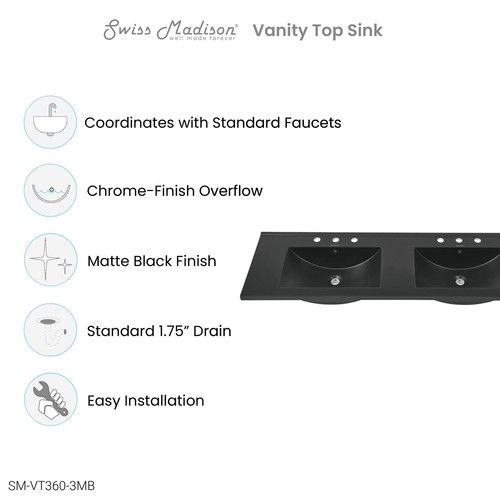 60" Vanity Top Bathroom Sink in Matte Black with 3 Holes - Picture 8 of 8