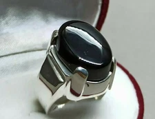 Natural Yemeni Black Agate Sterling Silver 925 Handmade Black Aqeeq Mens Ring