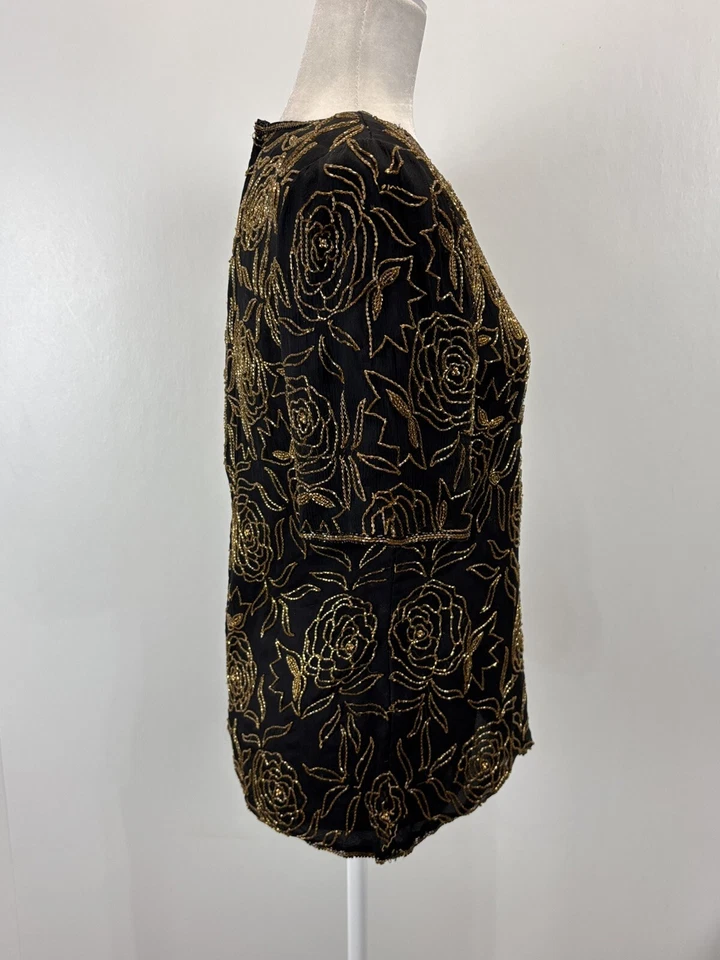 Blusa Camisa De Colección Stenay Lentejuelas Talla Mediana Para Mujer Negra Dorada Rosas Floral Años 80 Foto 4 de 4