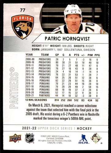 2021-22 Upper Deck #77 Patric Hornqvist - Picture 2 of 2