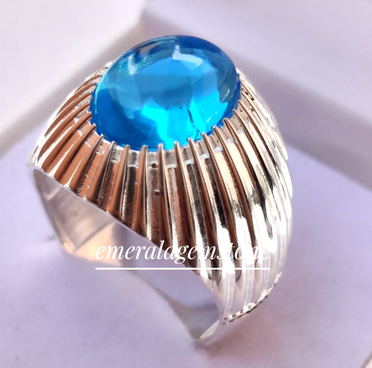 Solid 925 Sterling Silver Men's Ring With Blue Topaz Stone - View #3