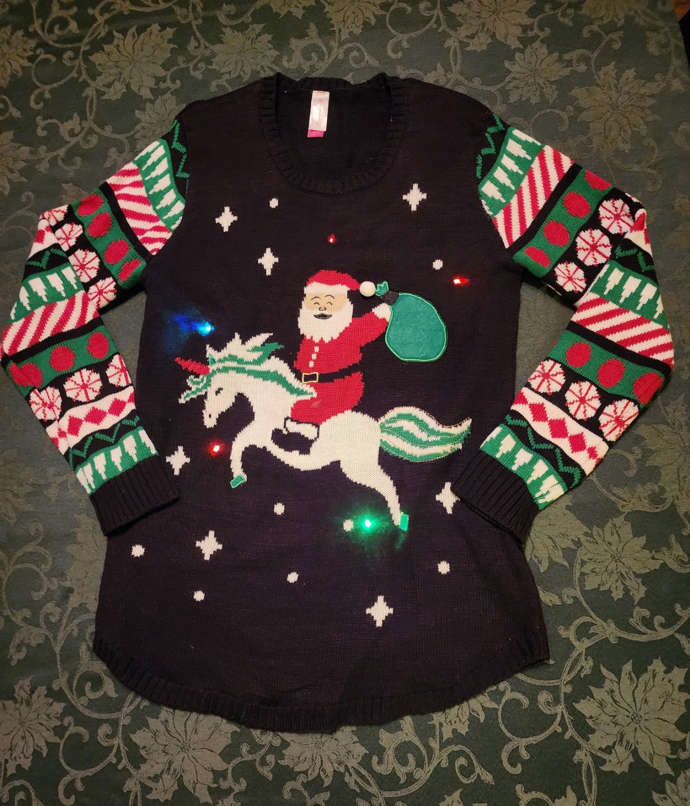 Glow in the Dark Ugly Christmas Sweater XL Santa Unicorn Holiday Party Fun