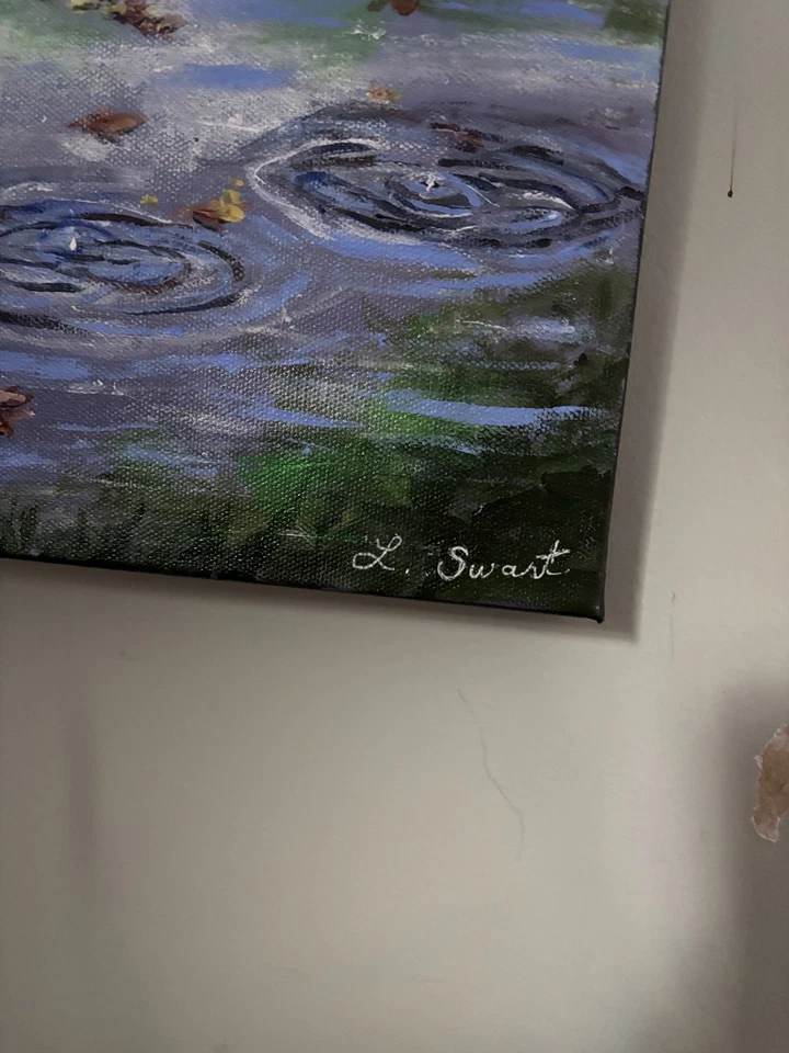 印象派绘画池塘带叶子 18x14 英寸拉伸帆布签名 — 第 4/4 张图片