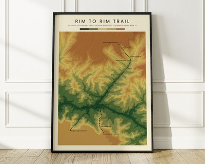 Rim to Rim Trail Topographic Map Poster | R2R Grand Canyon Elevation Contour Map