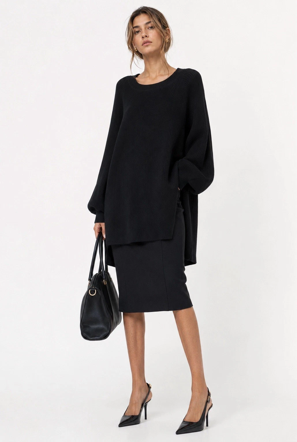 Stella McCartney — STELLA MCCARTNEY Black Ribbed Knit Open Side Slit Oversize Sweater 38 = 4 US S