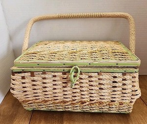 Vintage, 1960s Green Satin Lining, Dritz Wicker Sewing Basket 11-1/2" x 7" x 6"