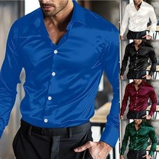 Satin Silk Mens Long Sleeve Casual Shirt Disco Club Wedding Party Button Down