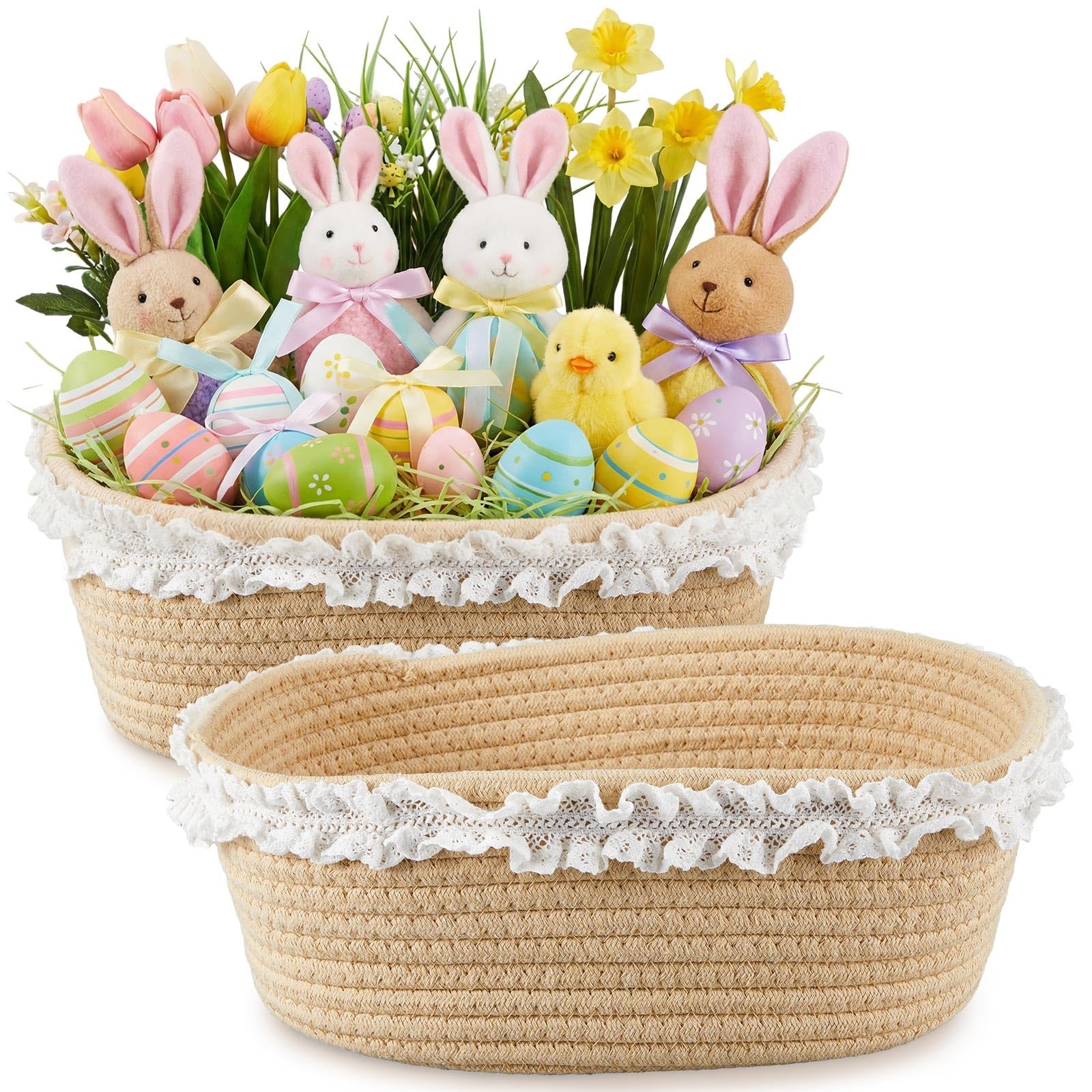 2 Pcs Small Wicker Hand-Woven Rattan Baskets with Clear Gift Bags and Lace Ri...