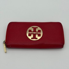 Tory Burch Red Pebbled Leather Zip Around Wallet Continental Gold Logo