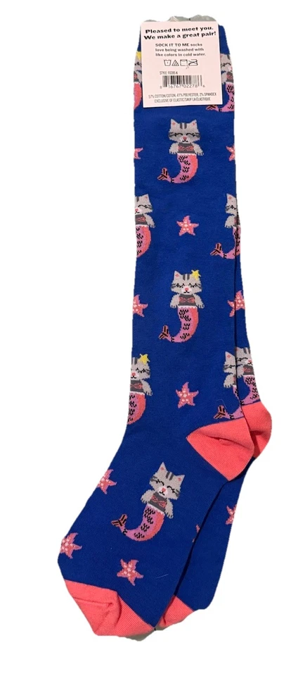 Meias femininas Sock It To Me joelho alto sereia gatos tema azul rosa purrmaid - Imagem 4 de 4