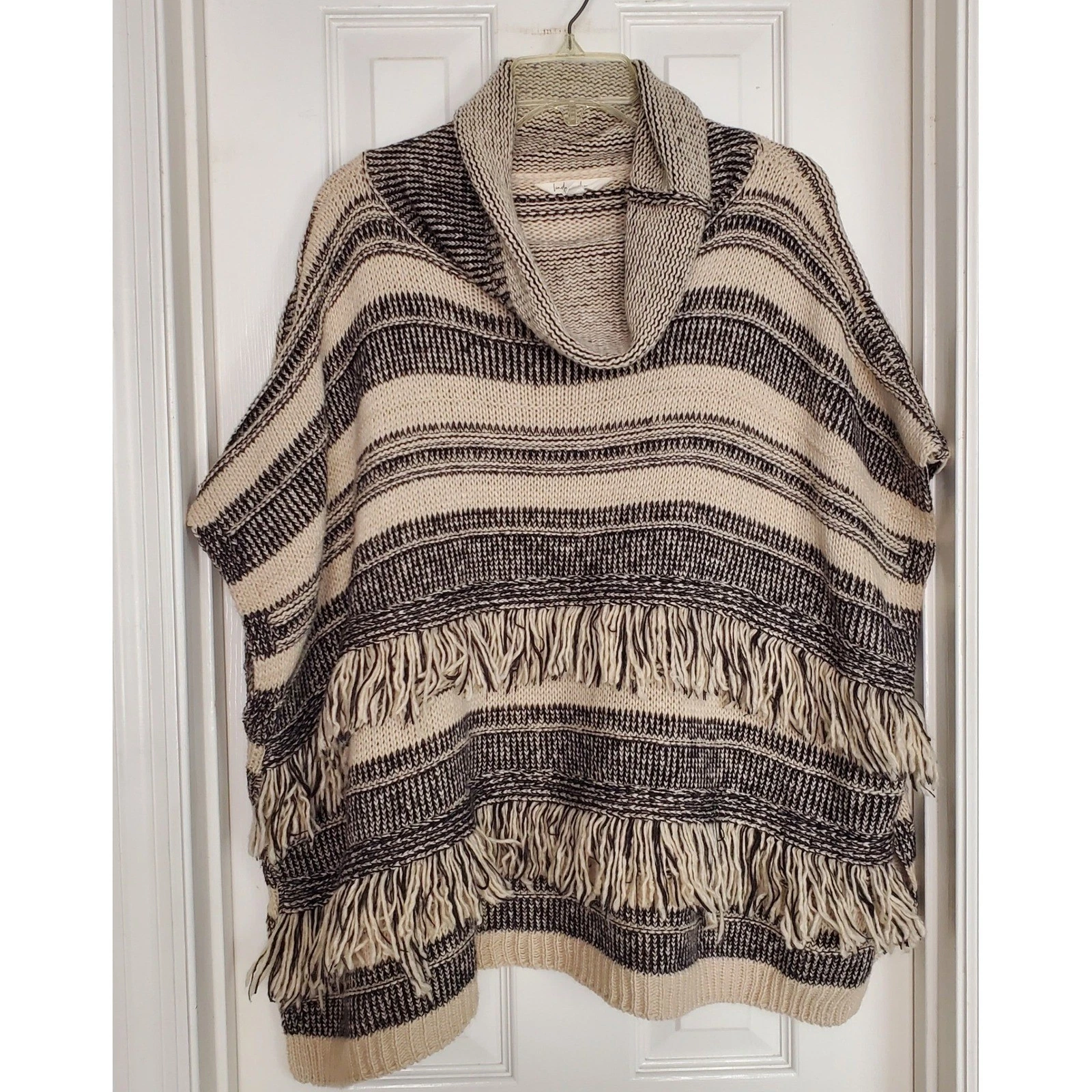 Boxy Western Fringe Cozy Poncho Cowl Neck Knit Earth Toned Cream Black OS