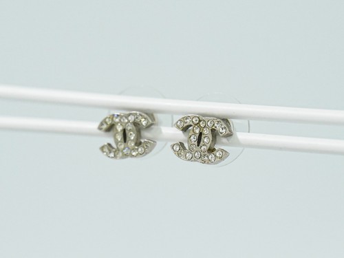 CHANEL CC Rhinestone Stud Earrings Silver-tone Metal - Picture 6 of 8
